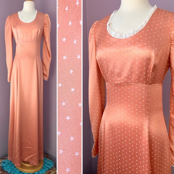 Vintage 1960’s “Starstruck” Shiny Satin Evening Gown, Peach Maxi Dress, Long Sleeves, Empire Waist, Scoop Neck, Lace Trim, Extra long, Small