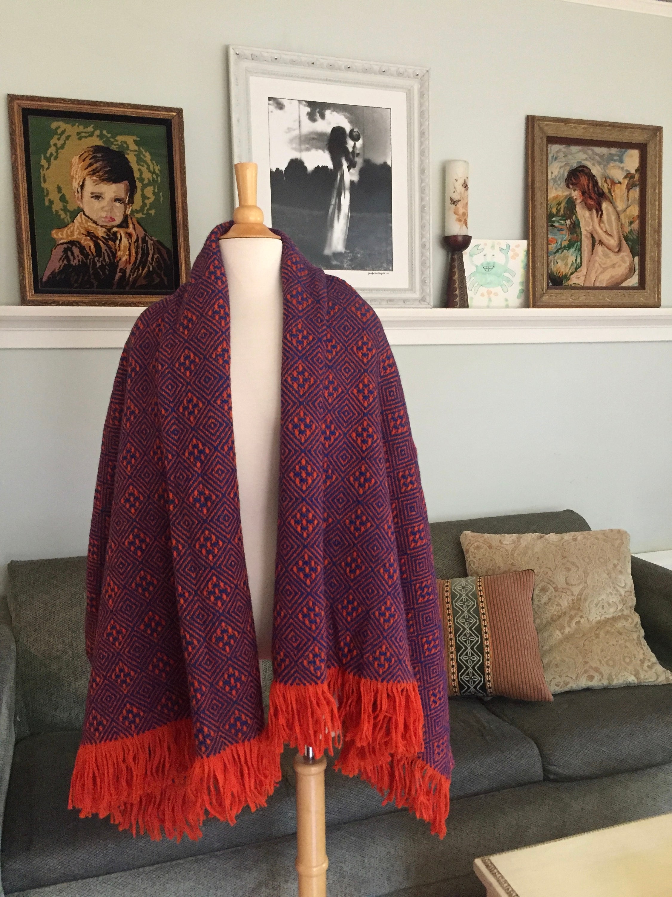 Pendleton Blanket with Fringe, Vintage Throw Blanket, Blue and Orange