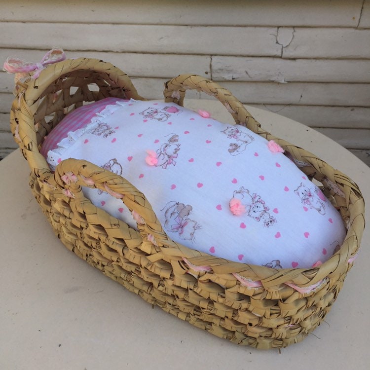 1970's Wicker Doll Basket, Moses Basket, Doll Bed, Cradle with Pink