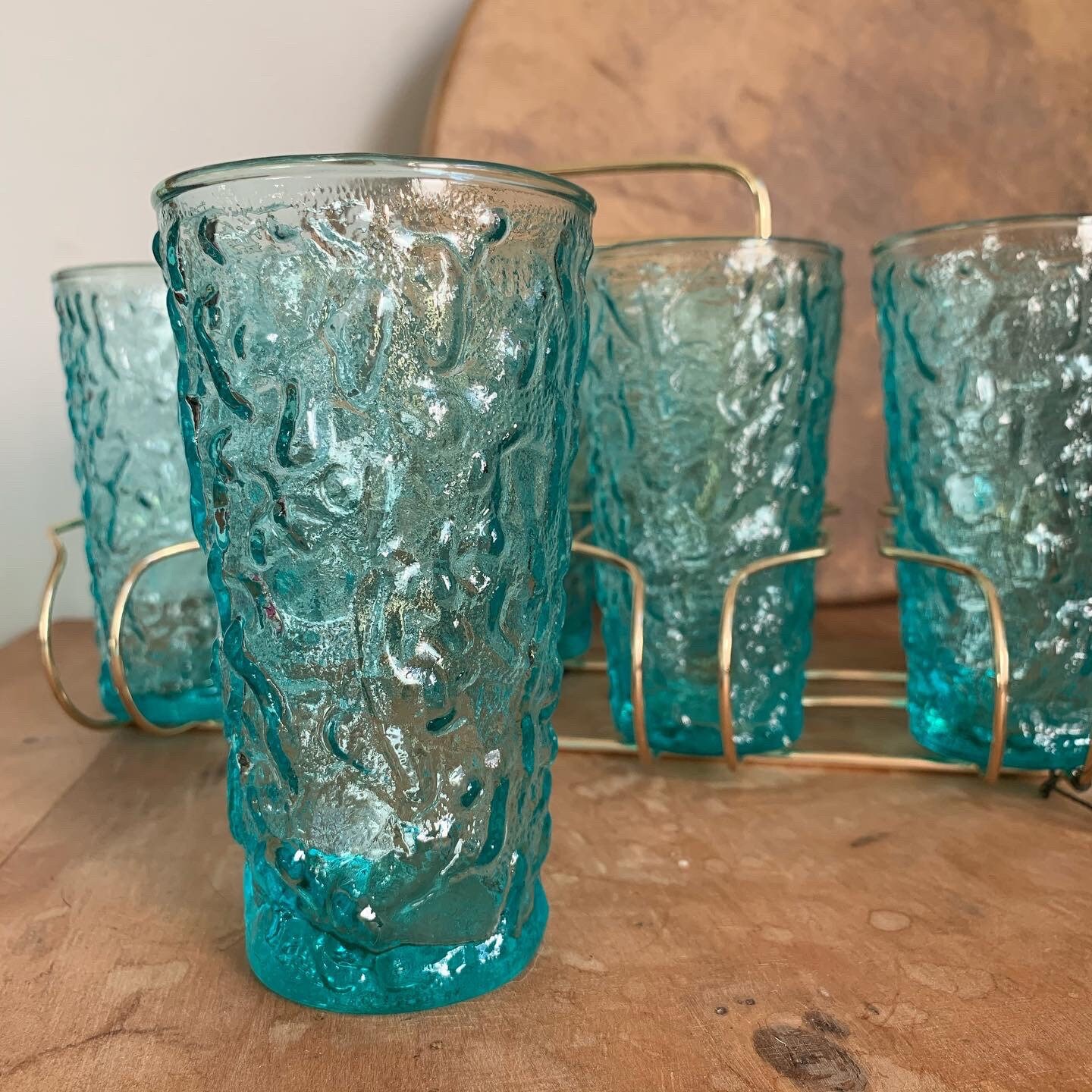 Set of 8 Vintage 1960’s Aqua Blue Glass Tumblers with Wire Organizer