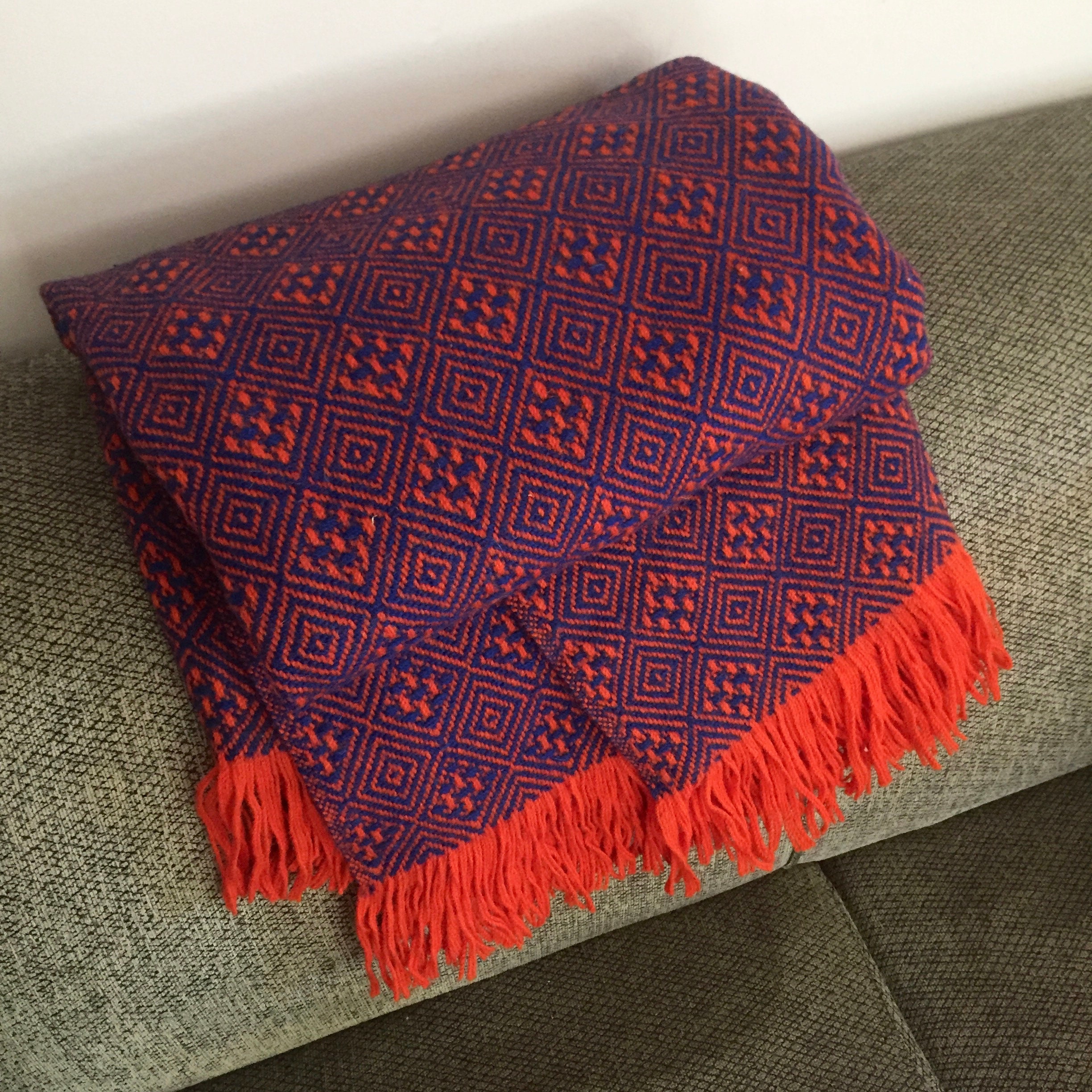 Pendleton Blanket with Fringe, Vintage Throw Blanket, Blue and Orange, Geometric Pattern