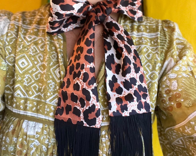 Skinny Scarf with Black Fringe, Leopard Print, Summer Scarf, Vintage Materials