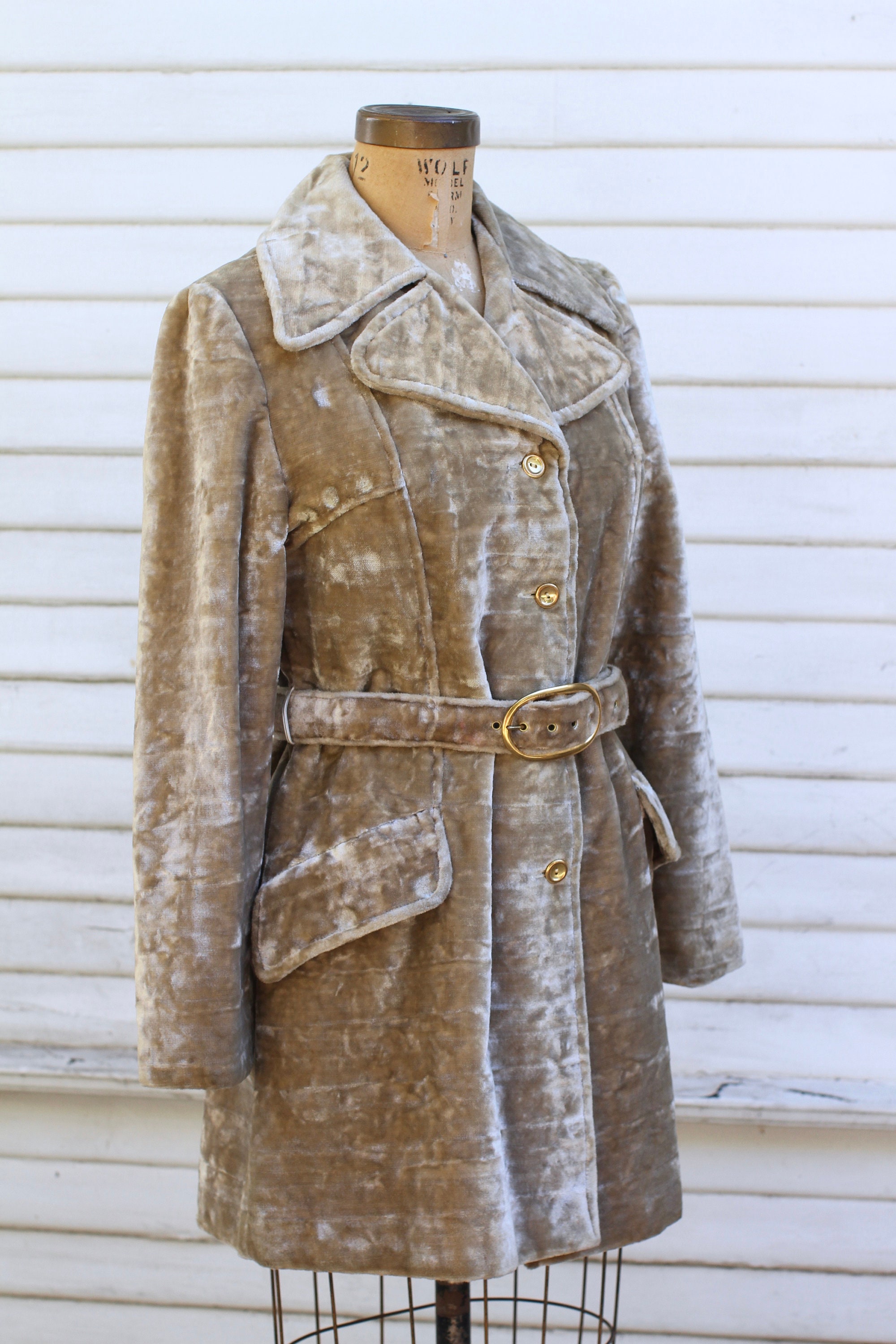 1970's Vintage Velvet Coat, Tan, Beige, Large Collar, Belted, Faux Fur