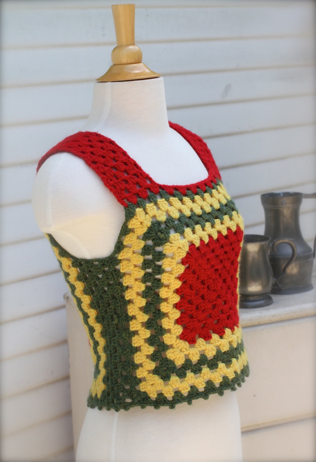 Dreadlock Rasta Tank, Granny Square Top, Red Yellow Green, Boho Crochet ...