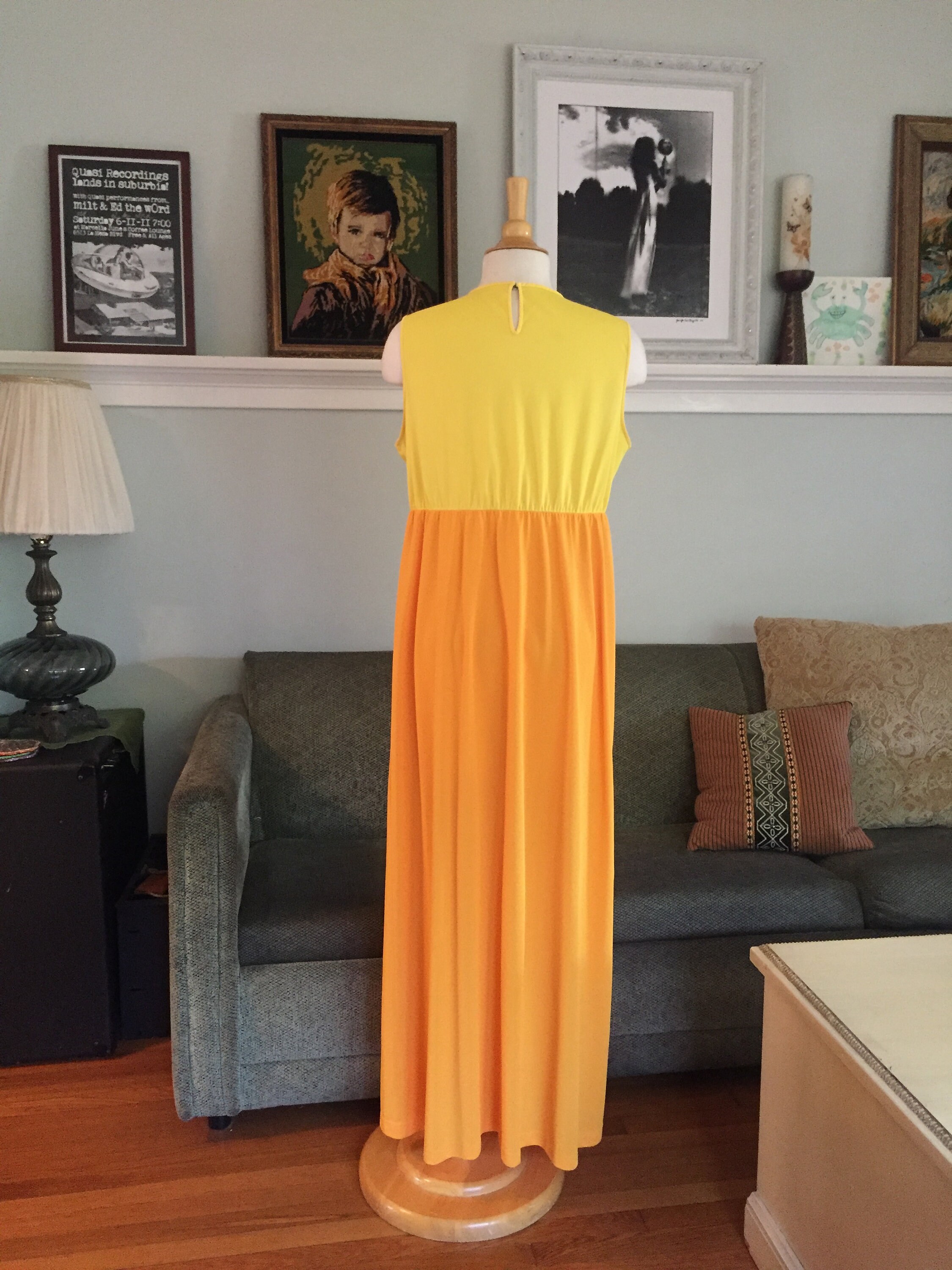 Daisy Chain Nightie, 1960's Full Length Nightgown, Gossard Artemis, Color Block Yellow and
