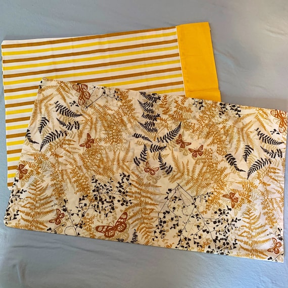 Vintage 1970’s Pillowcases, Set of two, Mod Yellow Stripes and Butterfly Print, Excellent Condition