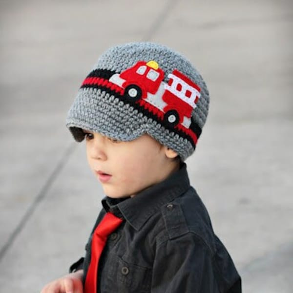 Fire Truck Crochet Hat , Handmade Custom Hat, Photography Prop, Crochet Visor Hat