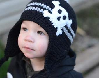 Skull Hat, Crochet Skull Earflap Hat, Baby and Toddler Hat, Crochet Earflap Beanie, Photo Prop, Adult Hat