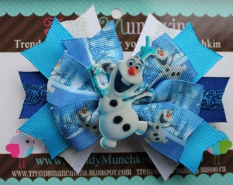 Frozen Olaf Pinwheel Hair Bow  - Blue and White Sparkle Snowman Pinwheel Hair Bow