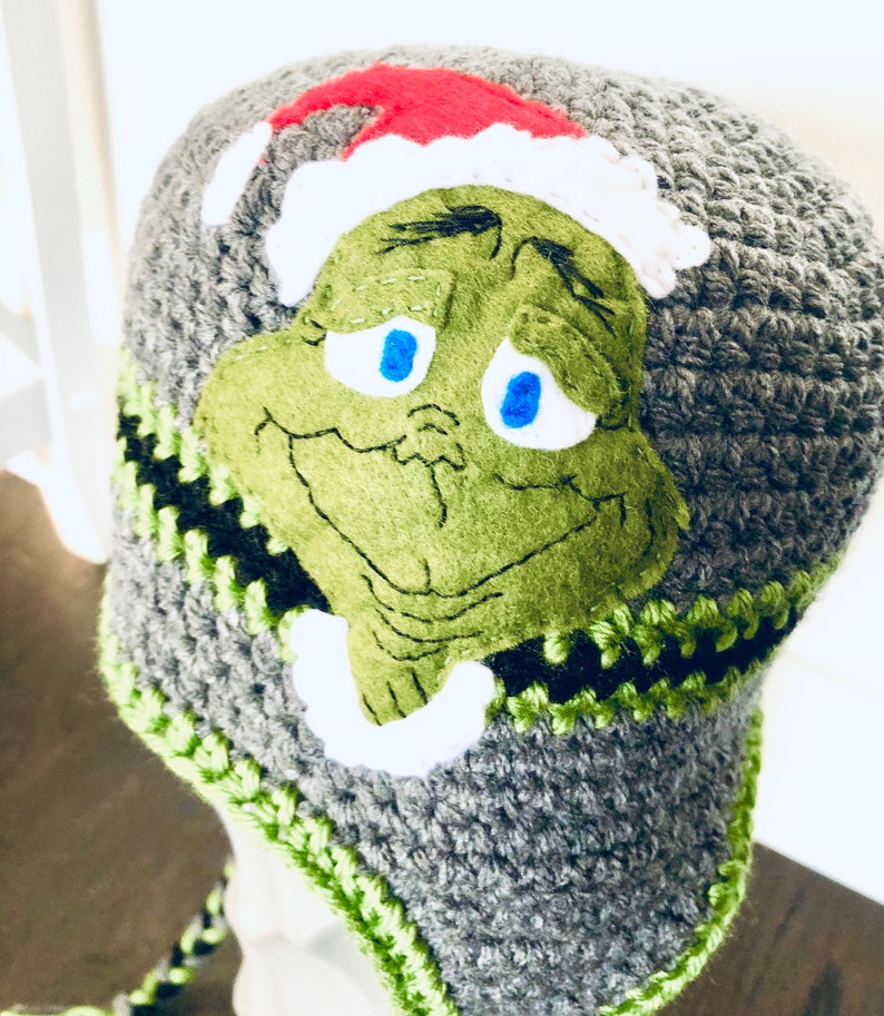 The Grinch Earflap Beanie Hat Grey Green and Black Felt Etsy