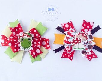 Mushroom and Frog Hair-bow,  Frog Hairbow, Baby and Child Hair Clip, Baby Headband, Gift for Girl