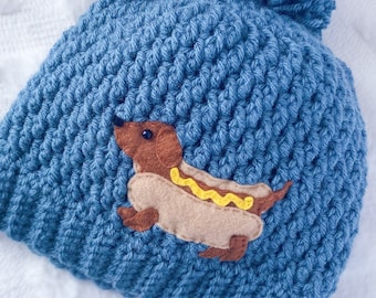 Dachshund Dog Hat , Weiner Dog Appliqué Touque, Hot Dog Costime Felt Crochet Beanie with Pom Pom, Toddler, Child, Teen and Adult Hat