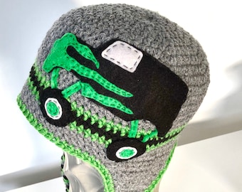 Monster Truck Earflap Hat, Boys Crochet Hat, Handmade Truck Beanie, Baby and Child Winter Hat