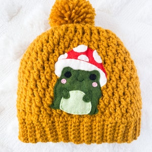 Mushroom Frog Hat , Frog Appliqué Touque, Hot Dog Costime Felt Crochet Beanie with Pom Pom, Toddler, Child, Teen and Adult Hat image 3