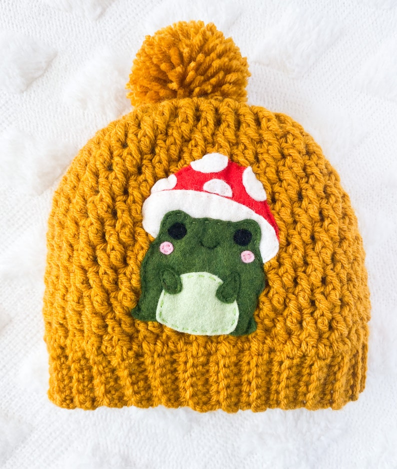 Mushroom Frog Hat , Frog Appliqué Touque, Hot Dog Costime Felt Crochet Beanie with Pom Pom, Toddler, Child, Teen and Adult Hat image 3