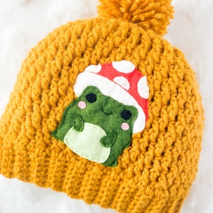 Mushroom Frog Hat , Frog Appliqué Touque, Hot Dog Costime Felt Crochet Beanie with Pom Pom, Toddler, Child, Teen and Adult Hat image 1