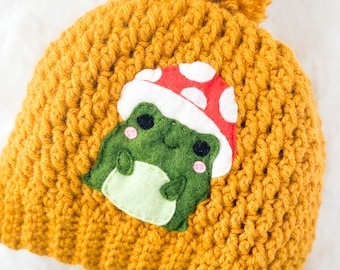 Mushroom Frog  Hat , Frog Appliqué Touque, Hot Dog Costime Felt Crochet Beanie with Pom Pom, Toddler, Child, Teen and Adult Hat