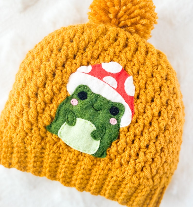 Mushroom Frog Hat , Frog Appliqué Touque, Hot Dog Costime Felt Crochet Beanie with Pom Pom, Toddler, Child, Teen and Adult Hat image 1