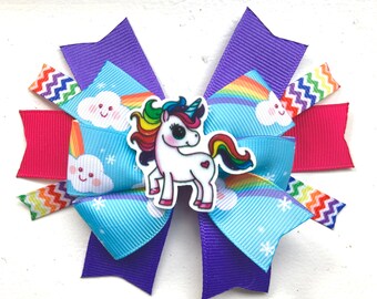 Unicorn  Hair Bow , Rainbow and Clouds Hairclip, Baby, Toddler and Child Headband
