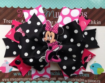 Minnie Mouse Pinwheel Hair Bow - Pink and Black Polka Dot Spike Hair Clip