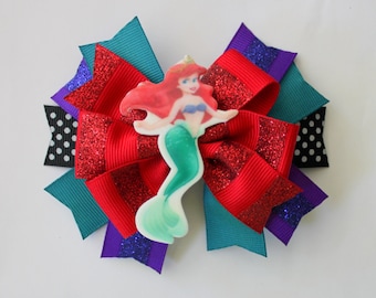 Little Mermaid Ariel Pinwheel Hair Bow - Red, Purple and Teal Sparkle  Hair Clip