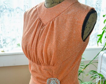 Vintage Sparkly Peach Sleeveless Dress - Small - Medium - Long Dress Peachy Orange with Sparkles and Silver Pin Embellishment  Miss Rubette