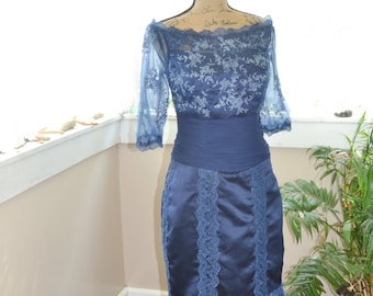 Vintage Navy Blue Bombshell Dress Lace and Satin Formal Dress Off the Shoulder Dress Medium - Large