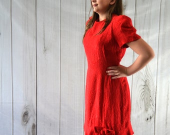 Vintage Albert Nipon Dress Red Silk Dress 80's Dress Red Floral Rose Dress - Medium - Large