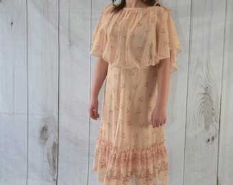 Vintage Boho Floral Dress Tan en roze zomer jurk-medium