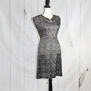 Vintage Black 50s 60s V Neck Dress Short Sleeve Knee Length Black and Silver Floral Dress - Medium