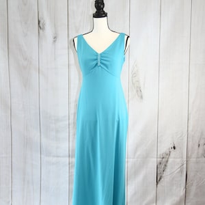 Vintage Blue Polyester Dress Sleeveless With Shawl 70&#39;s Gown - Medium