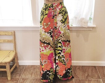 Vintage Hawaiian Skirt by Alice Polynesian Skirt Hawaii Orange Green Black White Split Skirt - Small