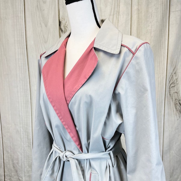 Vintage 80's Irving Posluns Gray and Pink Trench Coat Women's Overcoat Jacket - Large