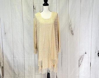 Vintage 2 Piece Party Dress Gold Fringe S. L. Fashions Sleeveless Short Dress with Long Sleeve Matching Layer - XL-