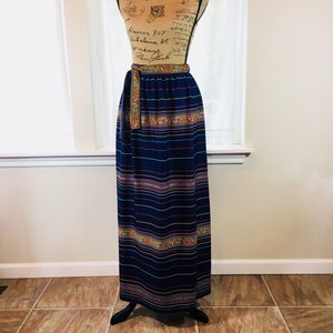 Retro Vintage Maxi Skirt Striped Navy Blue Red Yellow Long Skirt - Small - Medium