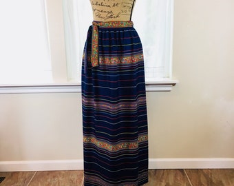 Retro Vintage Maxi Skirt Striped Navy Blue Red Yellow Long Skirt - Small - Medium