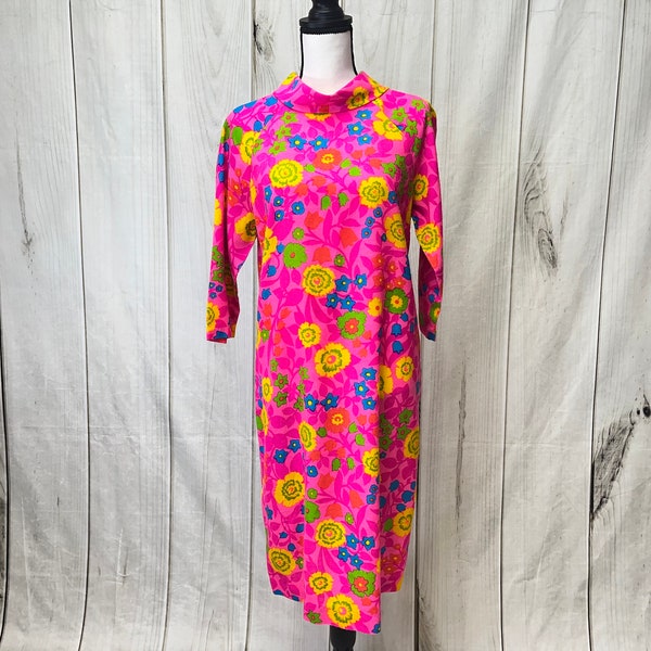 Vintage 1960's Hot Pink Floral Dress Cowl Turtle Neck Dress by Fritzi of California - Large