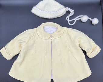 Vintage Baby Jacket and Knit Bonnet 3-6 Months Yellow Embroidered