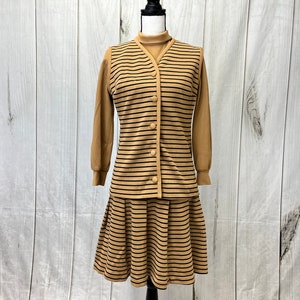 Vintage 1970&#39;s 2 Piece Dress and Button Up Vest Striped Brown and Black Outfit Ivan Frederics of California - Medium