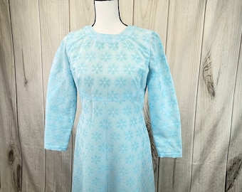 Vintage 1970's Blue Daisy Dress Long Sleeve Long Dress - Medium