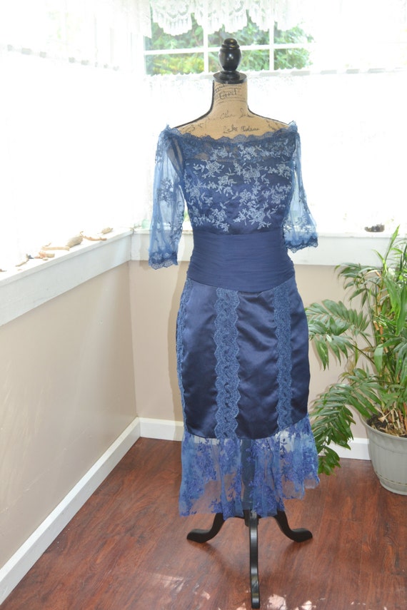 Vintage Navy Blue Bombshell Dress Lace and Satin Formal Dress off the Shoulder  Dress Medium - Large - Etsy