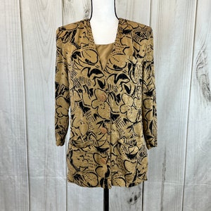 Vintage Women&#39;s Silk Blouse by I.Magnin Brown and Black Button Up Shirt - Medium