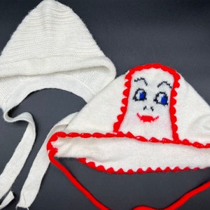 Vintage Baby Bonnets Knit Baby Hats Cute Vintage Baby Hats Red and White with Silly Face Size 12 Months