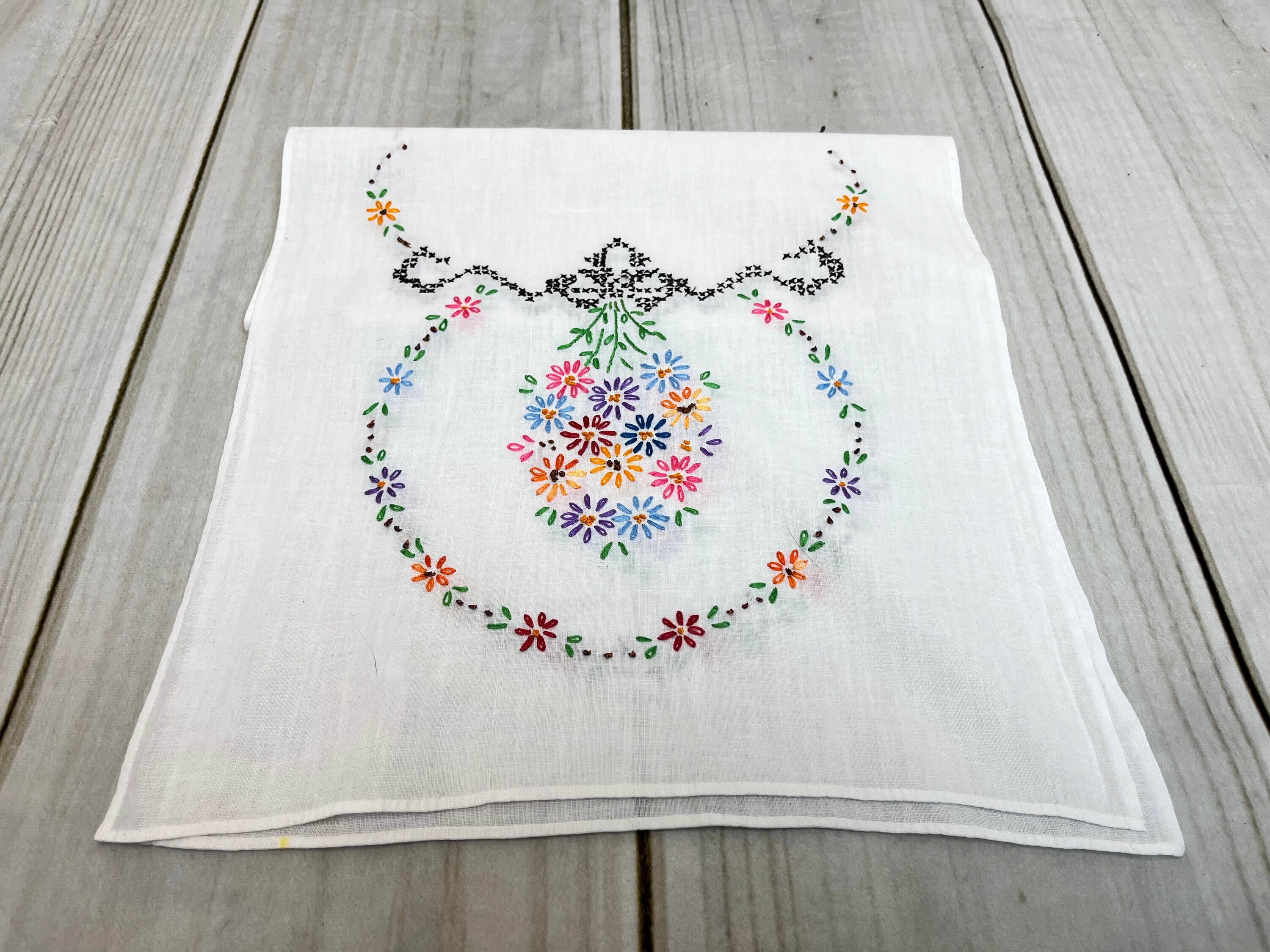 Vintage Table Runner with Embroidered Flowers Embroidered Rainbow Flowers