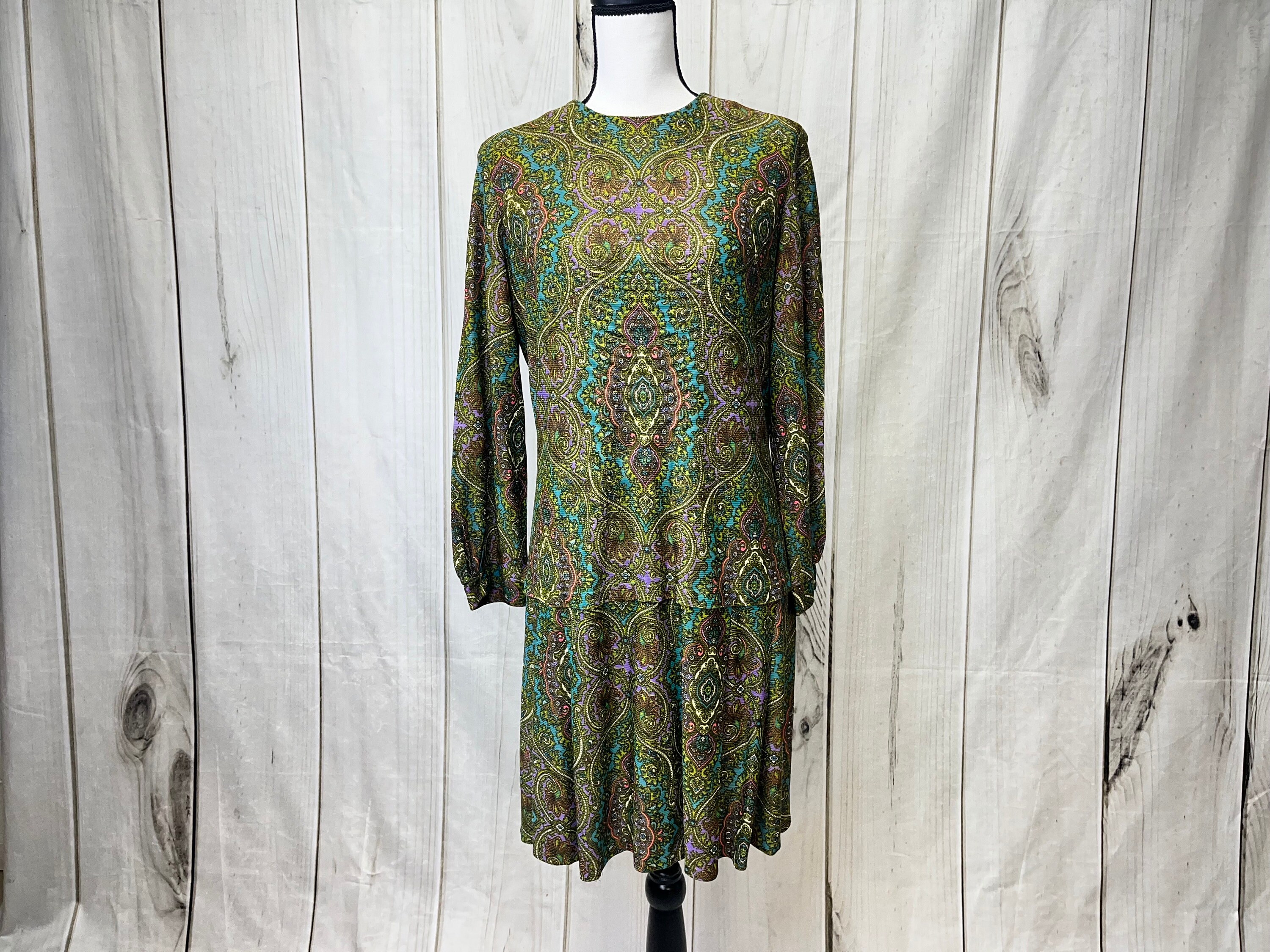 Vintage 1960's Drop Waist Dress Green Paisley Long Sleeve Dress by Nelly  Don - Large - XL - Etsy