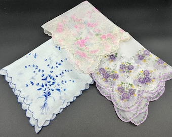 Vintage Women's Handkerchief Set of 3 with Floral Design and Scalloped Edges Hankie Hanky