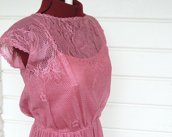 Vintage Lace Dress Pink Party Dress Short Sleeve Long Dress - XS