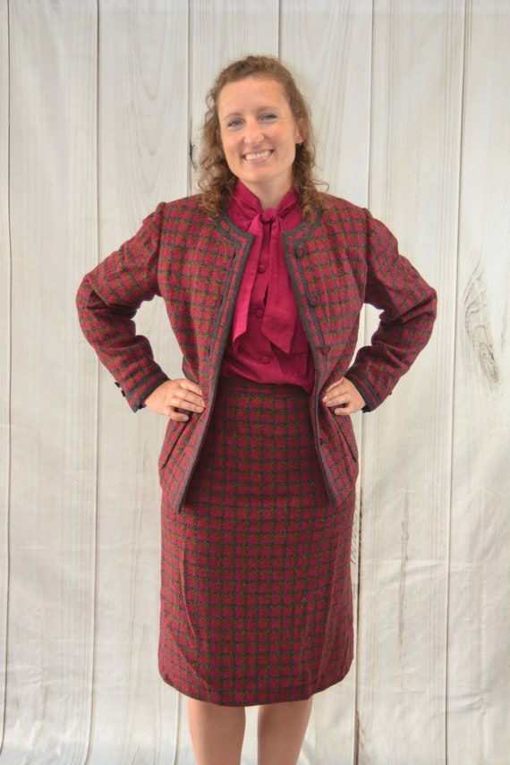 Vintage Skirt Suit Fuchsia Pink Plaid Wool  - Medu