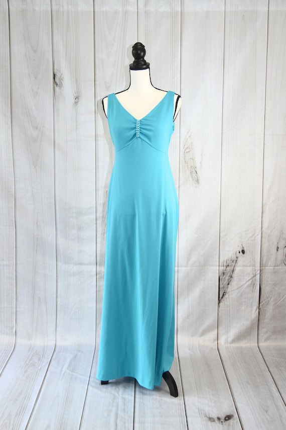 Vintage Blue Polyester Dress Sleeveless With Shaw… - image 1