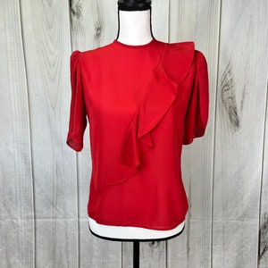 Vintage Women&#39;s Red Blouse by First Glance Ruffle Sheer Blouse - Medium